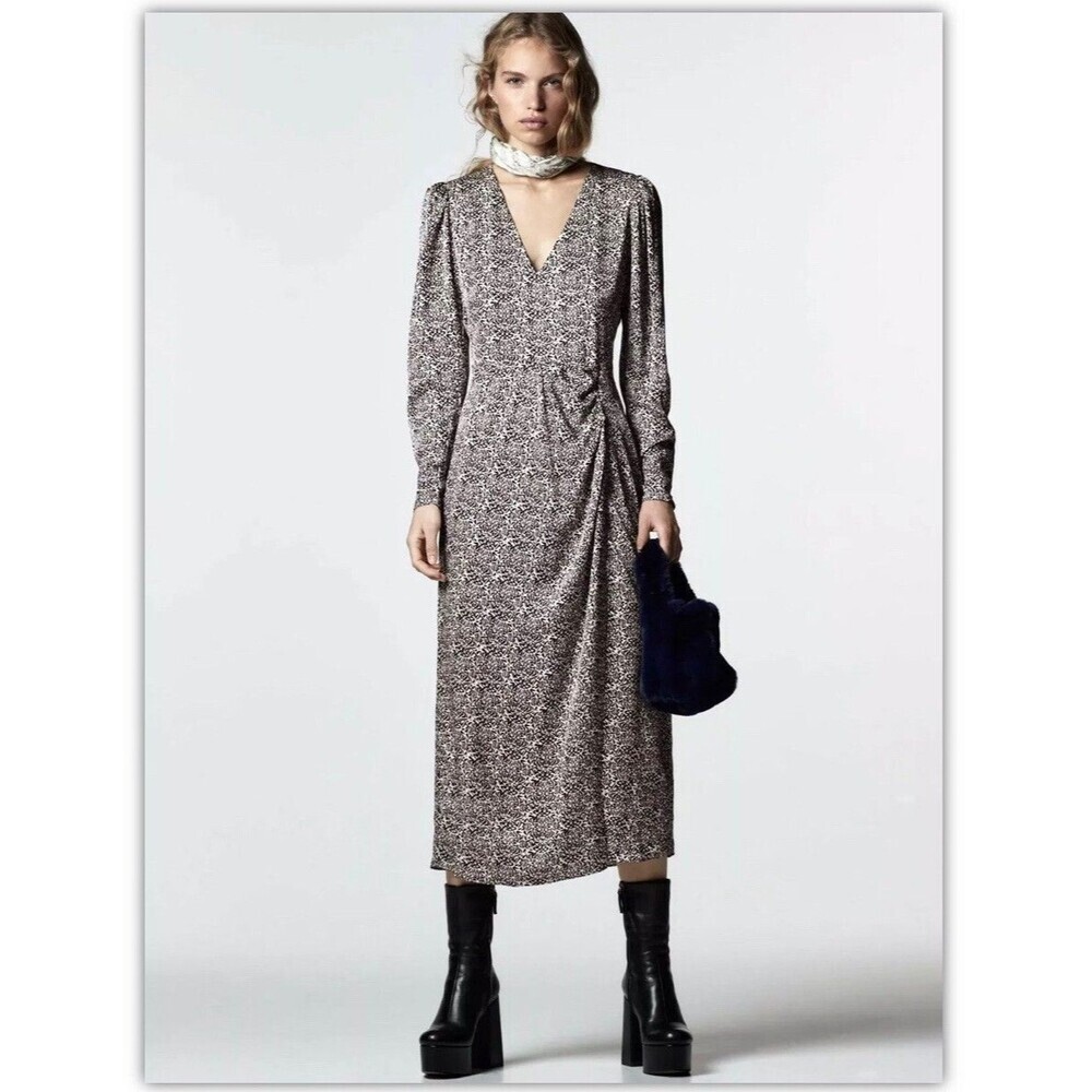 ZARA Women The Tami Printed‎ Midi Dress Sz XL  Black / White Boho Grunge Ruched